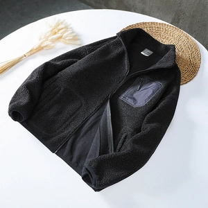 Winter thermal teddy fleece jacket for couples with stand collar and zipper pocket in black