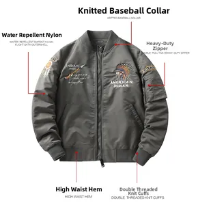 Detail of waterproof DuPont nylon bomber jacket with heavy metal zipper and Indian embroidery