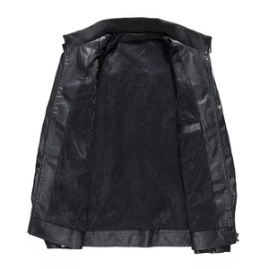 Men's black PU leather motorcycle jacket with warm fleece lining and sturdy metal zipper