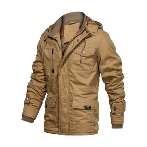 Men's khaki fleece-lined work jacket with a detachable hood and warm insulation