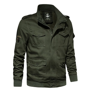 Men's cotton military cargo jacket in olive green featuring multi-pockets and stand collar
