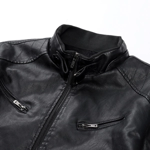 Men's black PU leather biker jacket with stand collar and detailed metal zipper accents