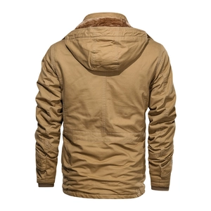 Men's khaki hooded winter work jacket featuring warm fleece lining and ribbed cuffs