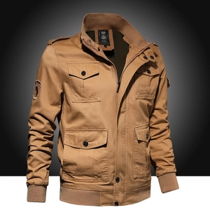 Men's khaki washed cotton military jacket with four pockets and rib-knit cuffs
