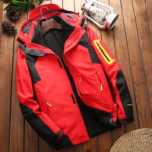 Outdoor waterproof hooded jacket in red and black color block with fleece lining