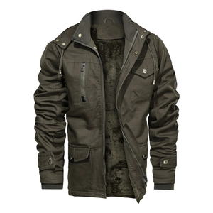 Army green fleece-lined tactical jacket with multi-pocket design and ribbed cuffs