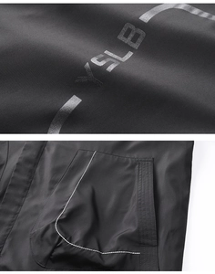 Macro view of black jacket showing YSLB letter print and white double stitching detail