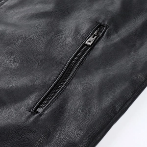 Men's black PU leather biker jacket featuring authentic lychee texture and metal zip pocket