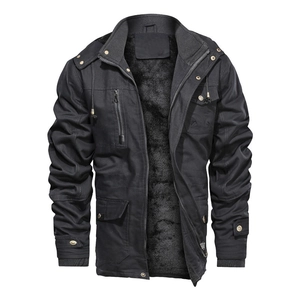 Men's black cargo jacket with fleece lining and multi-pocket military design