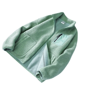 Unisex mint green teddy fleece jacket with stand collar and contrast zipper chest pocket