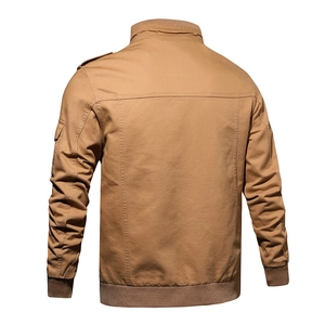 Back view of men's military cotton flight jacket with ribbed hem and shoulder straps