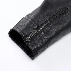 Men's black PU leather biker jacket featuring stylish zippered cuffs and slim fit design