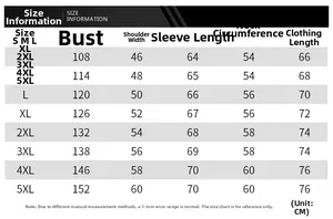 Detailed size chart for men's PU leather jacket showing S to 5XL measurements in CM