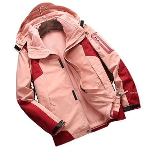 Pink three-in-one waterproof outdoor jacket with detachable fleece lining and hood