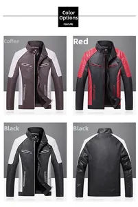 Detail of color blocking, quilted shoulders, and ribbed zip pockets on men's PU biker jackets