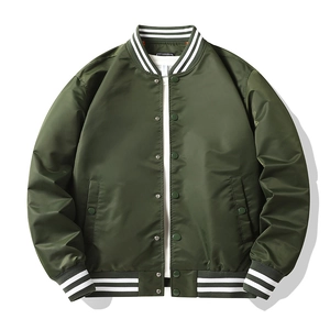 Close-up of military green bomber jacket with striped ribbed collar and metal snap buttons