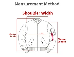 Detailed measurement guide for bomber jacket showing shoulder, chest, and sleeve length
