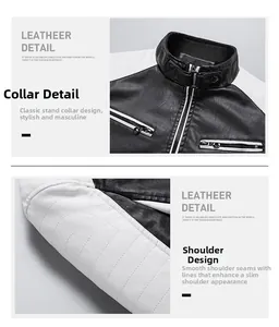 Detail of stand collar and dual zipper pockets on men's black and white faux leather jacket