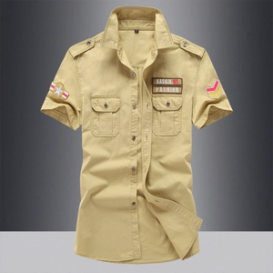 Camicia da Lavoro a Maniche Corte in Cotone da Uomo Stile Militare Cargo Con Spalline Doppie Tasche Distintivi Top Estivo Casual