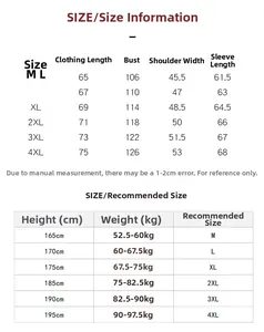 Detailed size chart for men's flight jacket with measurements from M to 4XL in centimeters