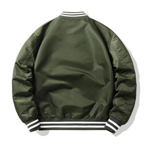 Back view of army green flight jacket with striped ribbed cuffs and nylon fabric
