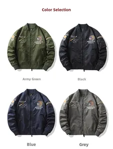 Detail view of multi-color flight jackets with American Indian themed embroidery patches