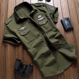 Camicia da Uomo a Maniche Corte in Cotone Stile Militare Tattica Casual da Lavoro all'Aperto Cargo Con Tasche e Spalline