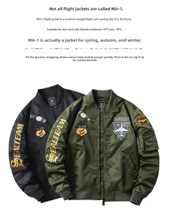 Detail of MA-1 flight jacket with military embroidery patches and waterproof nylon fabric