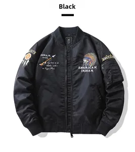 Detail of black flight jacket with dreamcatcher and Indian theme embroidery on satin