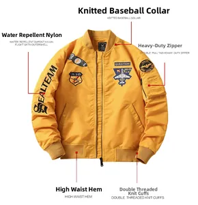 Detail of yellow nylon flight jacket with military patches and heavy metal zipper