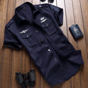 Camicia tattica uomo a maniche corte in cotone blu scuro con spalline e tasche frontali