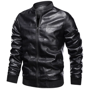 Men's black PU leather bomber jacket with stand collar and ribbed knit trims