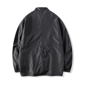 Men's minimalist black stand collar jacket with adjustable drawstring waist and elastic cuffs