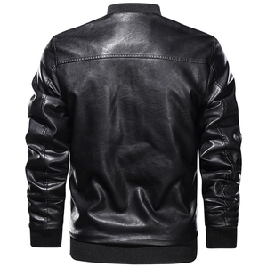 Mens black faux leather moto jacket with ribbed collar and back stitching on white background
