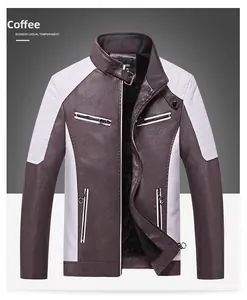 Detail of coffee and grey leather jacket featuring stand collar with metal buckle strap