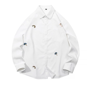 Men's Japanese Streetwear Embroidered Long Sleeve Shirt Loose Fit Casual Rainbow Lightning Cloud Pattern Turn-down Collar Top