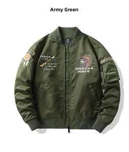Detail of army green bomber jacket featuring intricate Indian chief head embroidery