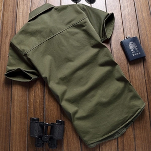 Camicia casual da uomo a maniche corte in cotone verde militare in stile tattico outdoor