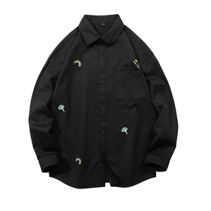 Japanese style black long sleeve shirt with rainbow and lightning cloud embroidery