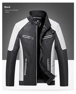Close-up of black and white PU leather jacket with contrast stitching and fleece lining