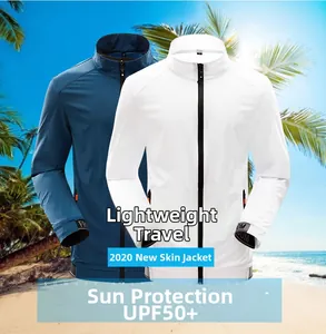 Detail of UV protection fabric showing UPF50+ rating on blue and white summer jackets