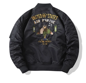 Detailed view of military-style embroidery on the back of a black bomber jacket