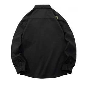 Black long-sleeve oversized shirt with rainbow embroidery on back, professional flat lay