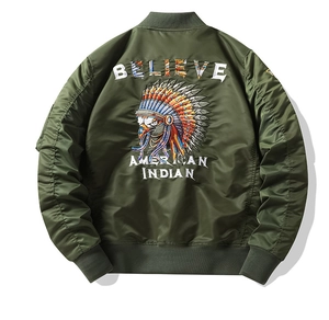 Detail of army green flight jacket with colorful eagle embroidery on the back panel
