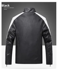 Detail view of men's faux leather jacket back with white shoulder stitching and zip cuffs