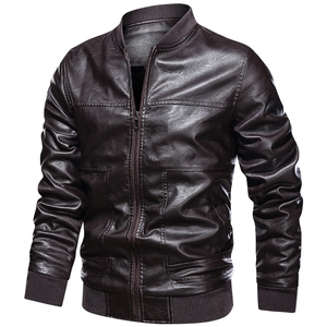 Men's retro dark brown leather motorcycle jacket with ribbed trim and stand collar