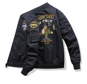 Close-up of military bomber jacket featuring detailed embroidery and aviator patches
