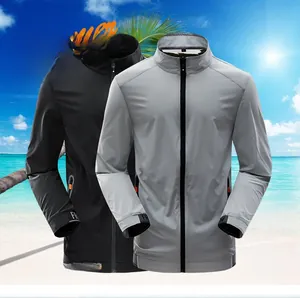 Detail of men's lightweight sun protection jackets with zippers and lettered cuffs