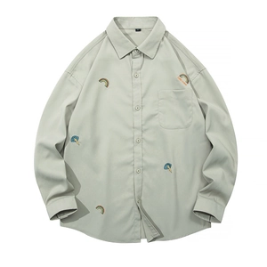 Japanese style men's light green long sleeve shirt with rainbow and cloud embroidery