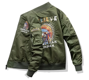 Detail of army green bomber jacket featuring eagle head back print and utility arm pocket